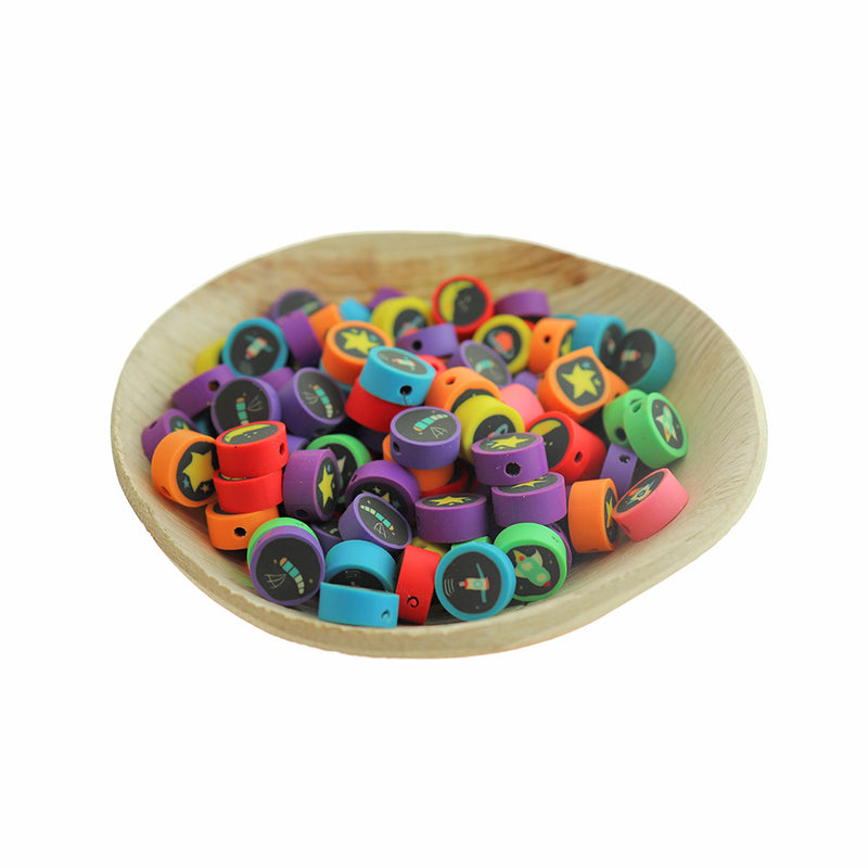 Flat Round Polymer Clay Beads 10mm x 4mm - Space Pattern - 25 Beads - K685