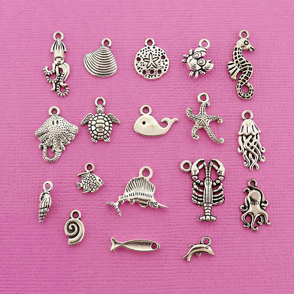 Sea Animal Charm Collection Antique Silver Tone 18 Different Charms - COL415H