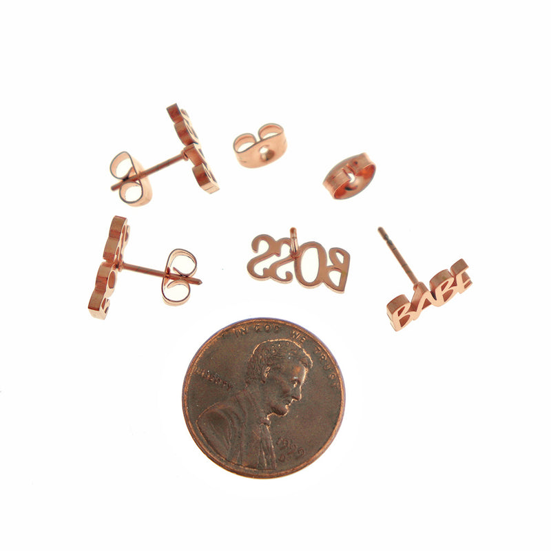 Rose Gold Tone Stainless Steel Earrings - "Boss Babe" Studs - 12mm - 2 Pieces 1 Pair - ER929