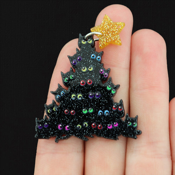 2 Christmas Tree Black Cats Acrylic Charms - K287