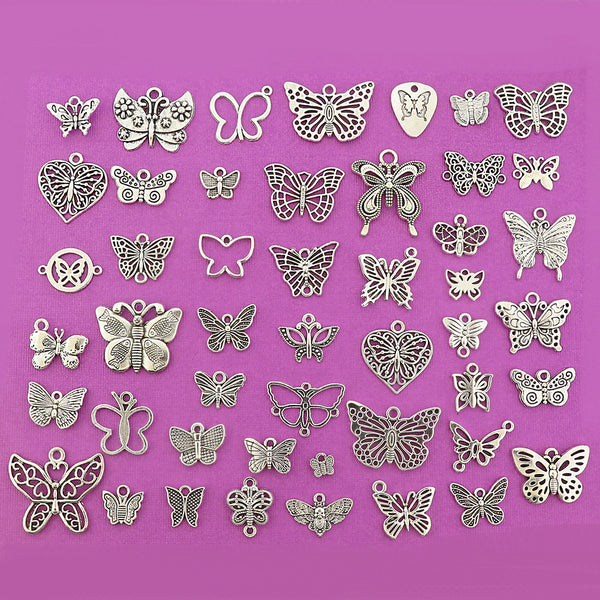Deluxe Butterfly Charm Collection Antique Silver Tone 48 Different Charms - COL389H