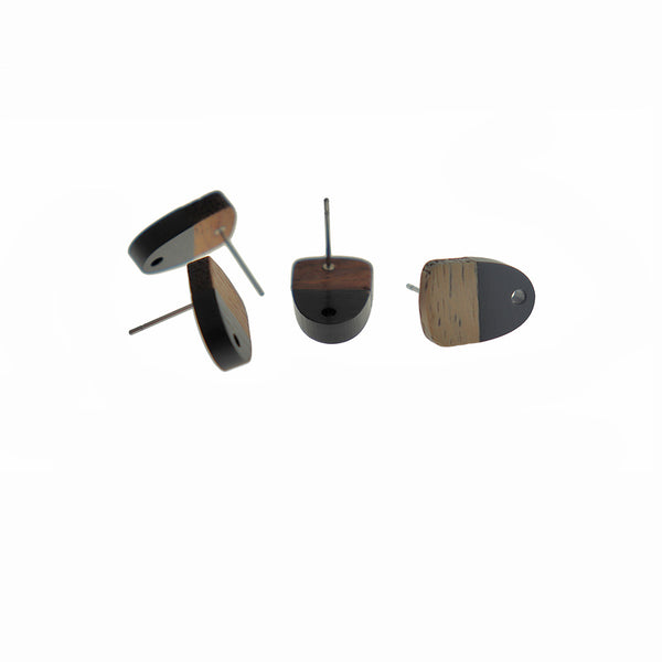 Wood Stainless Steel Earrings - Black Resin Half Oval Studs - 15mm x 11mm - 2 Pieces 1 Pair - ER643