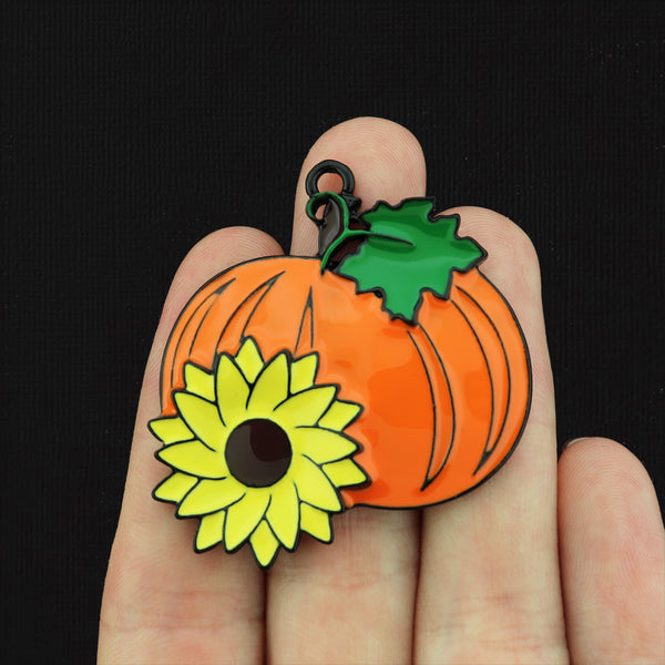 Orange Pumpkin with Sunflower Black Tone Enamel Charm - E900