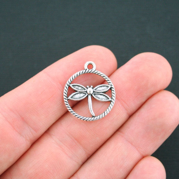 10 Dragonfly Antique Silver Tone Charms 2 Sided - SC2609