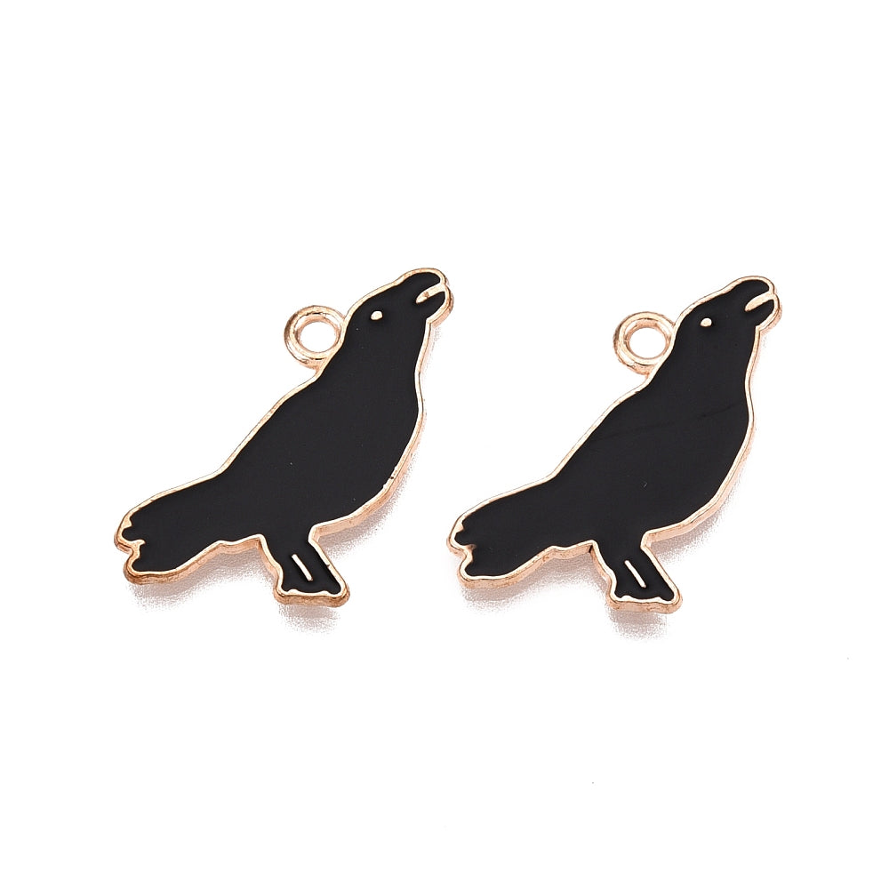 10 Squawking Crow Gold Tone Enamel Charms - Raven - E800