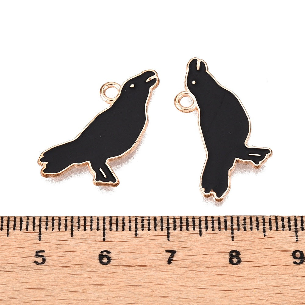 10 Squawking Crow Gold Tone Enamel Charms - Raven - E800