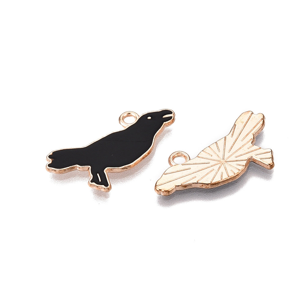 10 Squawking Crow Gold Tone Enamel Charms - Raven - E800
