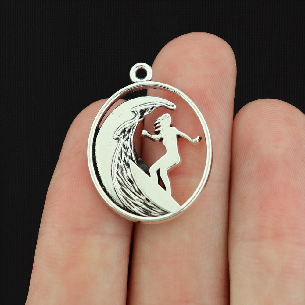 10 Wave Surfer Antique Silver Tone Charms - SC118