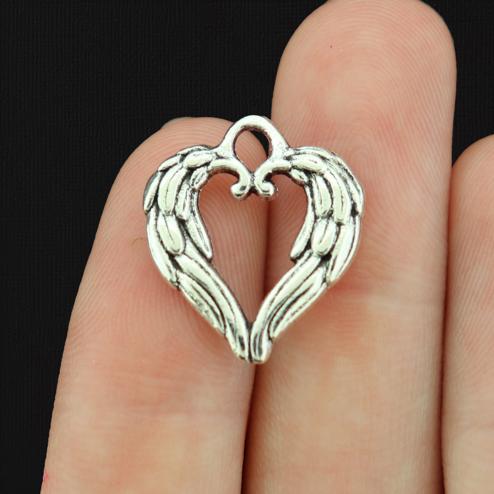 12 Angel Wings Heart Antique Silver Tone Charms 2 Sided - SC112