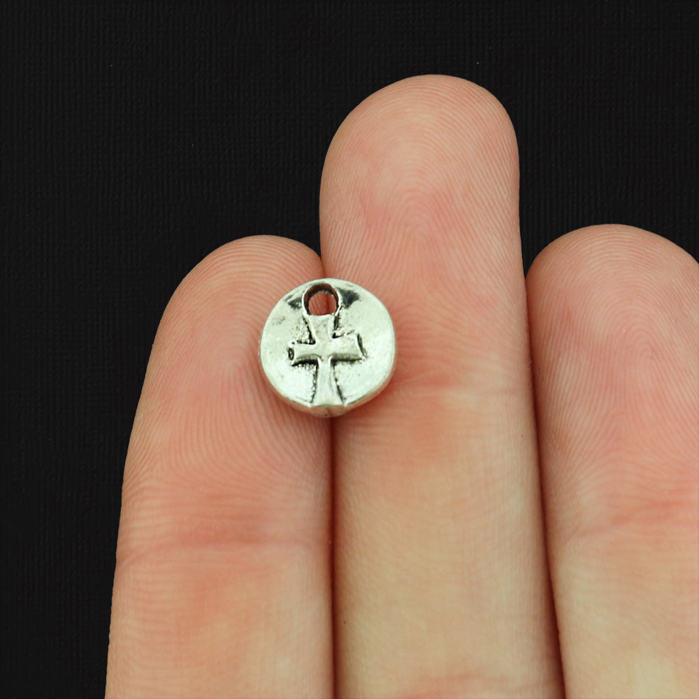 12 Round Cross Antique Silver Tone Charms 2 Sided - SC878
