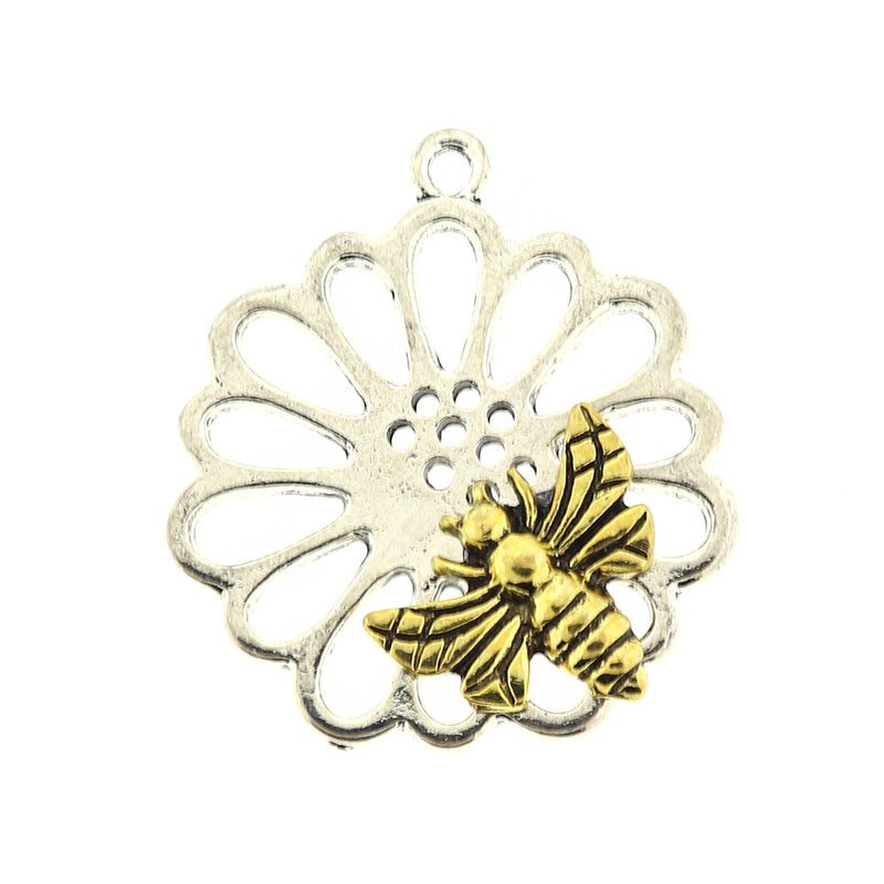 4 Flower Bee Antique Silver Tone Charms - SC750