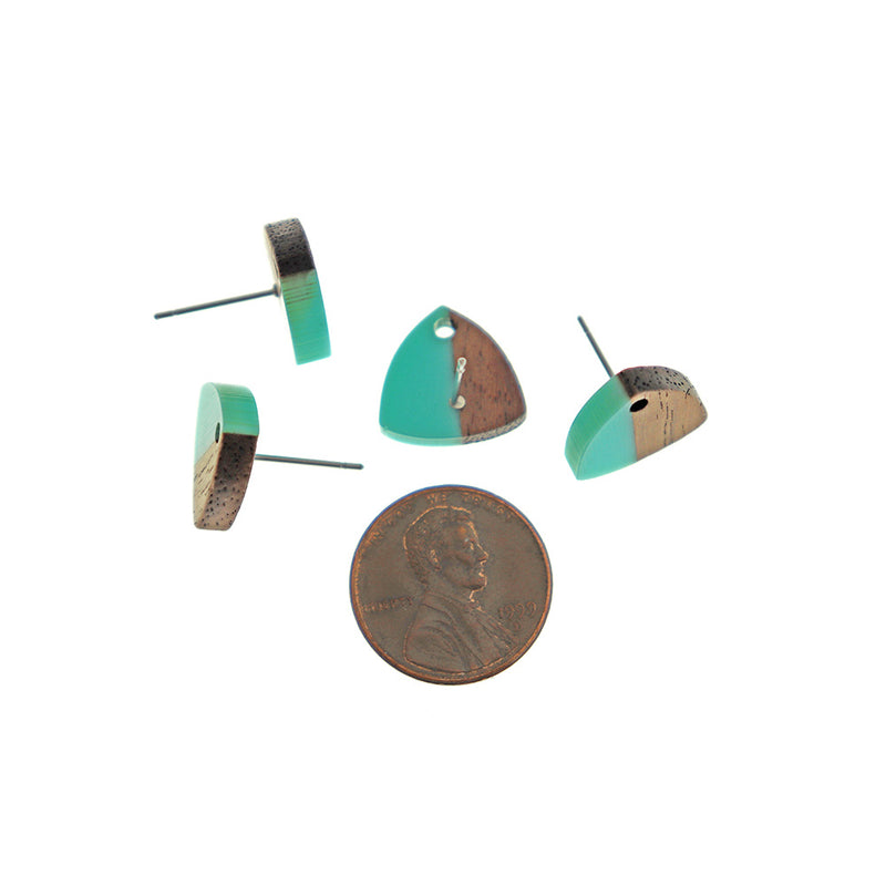 Wood Stainless Steel Earrings - Turquoise Resin Triangle Studs - 14mm x 13mm - 2 Pieces 1 Pair - ER681