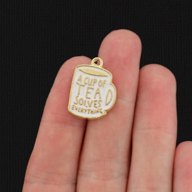 4 "A cup of tea solves everything" Tea Cup Gold Tone Enamel Charms - E472