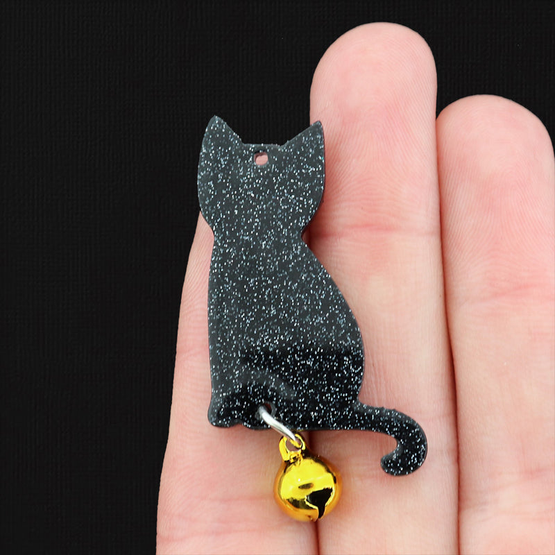 2 Christmas Light Black Cat with Bell Acrylic Charms - K283