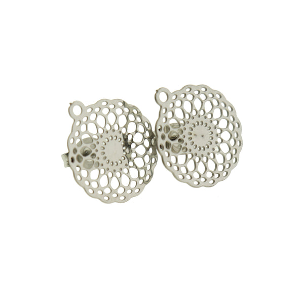 Silver Tone Stainless Steel Earrings - Mandala Stud Bases - 16mm - 2 Pieces 1 Pair - FD030