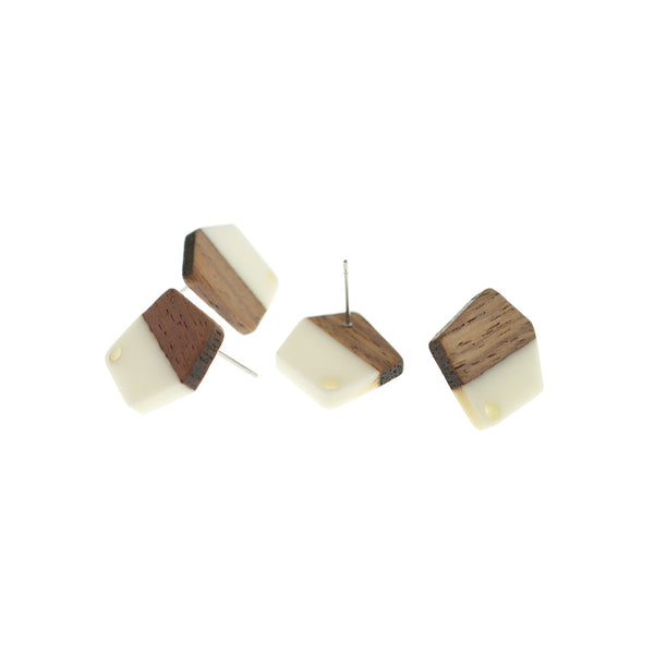 Wood Stainless Steel Earrings - White Resin Polygon Studs - 20.5mm x 18.5mm - 2 Pieces 1 Pair - ER718