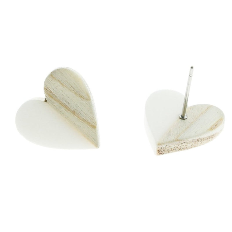 Boucles d'Oreilles Bois Acier Inoxydable - Clous Coeur Résine Rouge - 15mm x 14mm - 2 Pièces 1 Paire - ER133