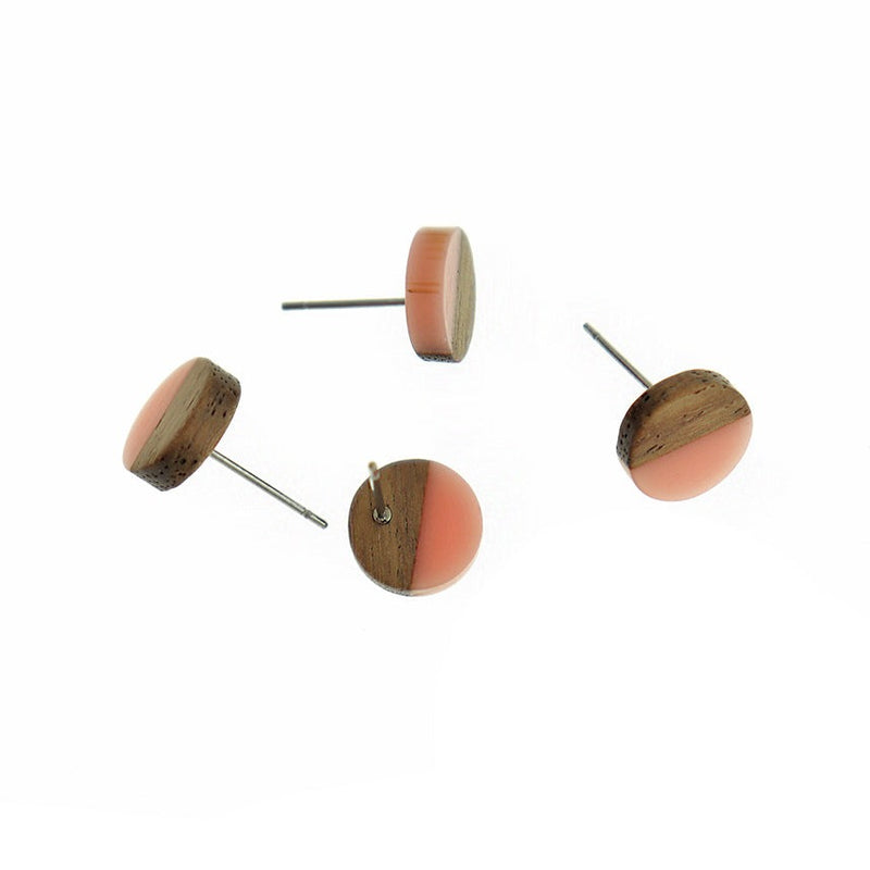 Boucles d'Oreilles Bois Acier Inoxydable - Clous Ronds Résine Rose - 15mm - 2 Pièces 1 Paire - ER109