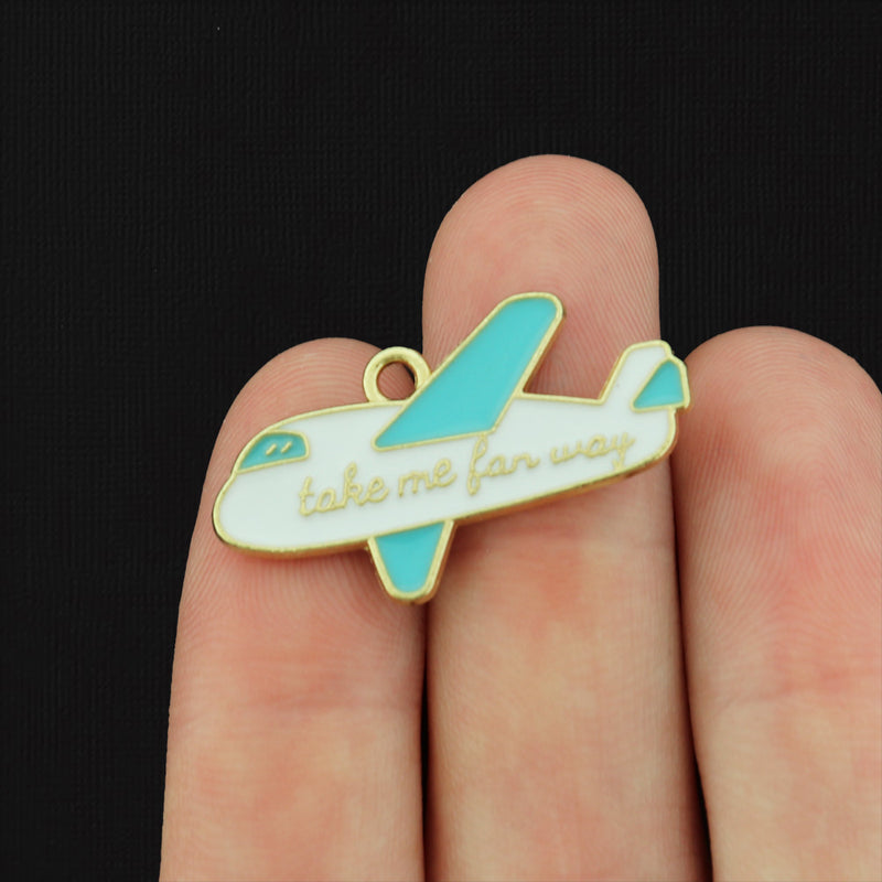 4 Take Me Far Away Airplane Gold Tone Enamel Charms - E227