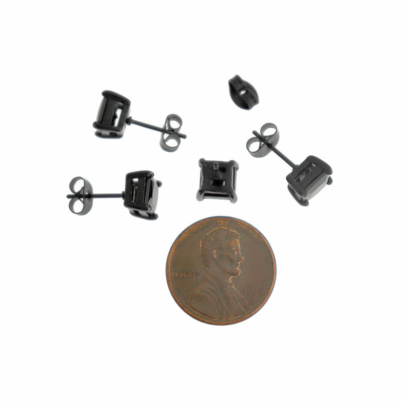 Black Tone Stainless Steel Earrings - Cubic Zirconia Studs - 7mm x 6mm - 2 Pieces 1 Pair - ER946