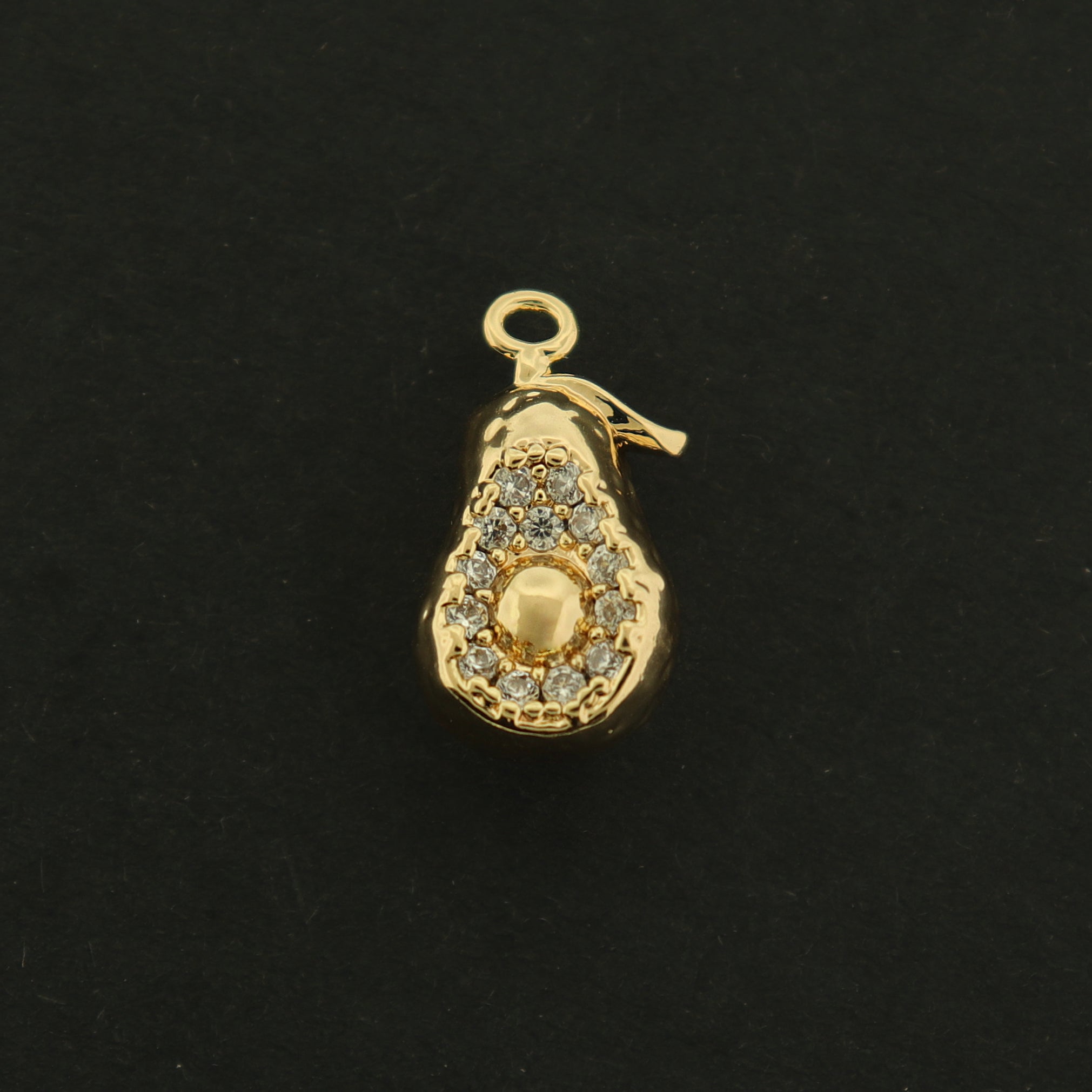 14k Avocado Charm - Food Pendant - 14k Gold Plated with Inset Rhinestones - GLD602