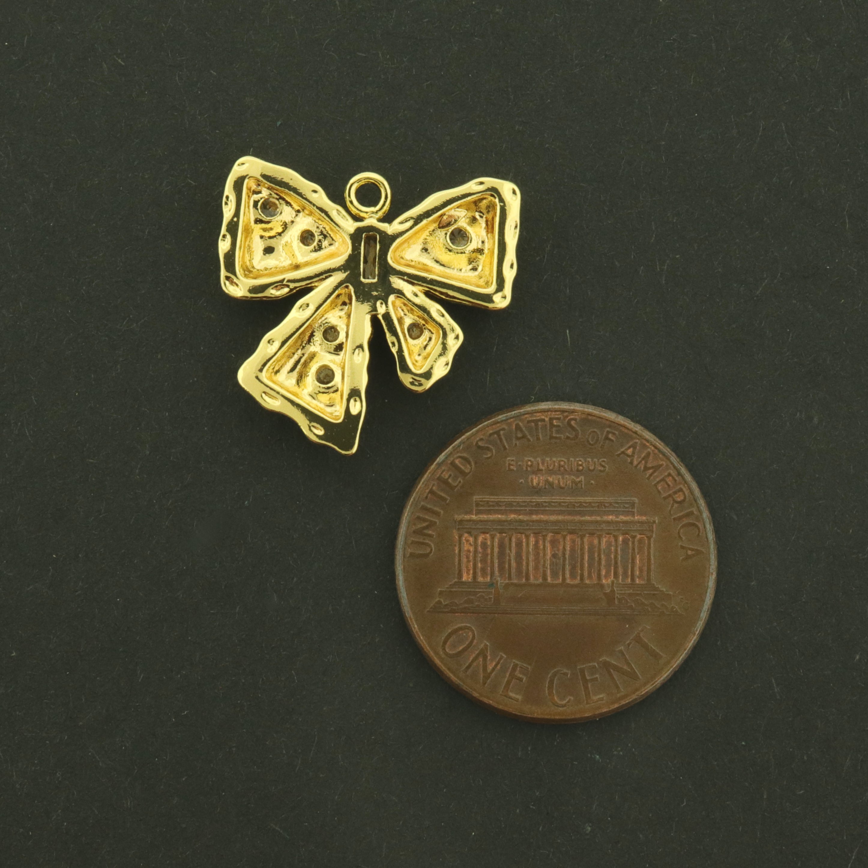 14k Bow Charm - Ribbon Pendant - 14k Gold Plated Brass with CZs - GLD982