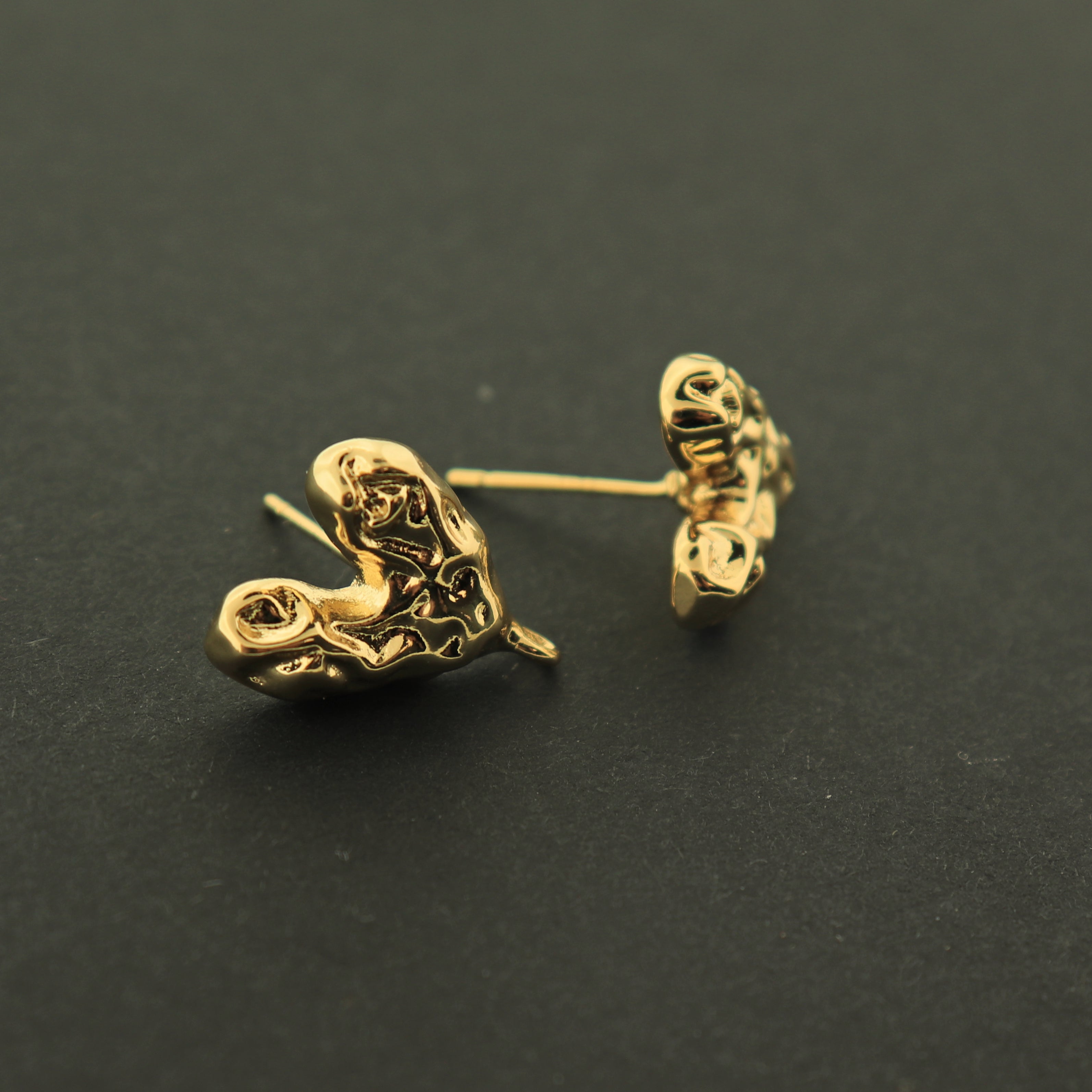 14k Gold Heart Earrings - Irregular Heart Stud With Loop - 14k Gold Plated - Choose Your Tone