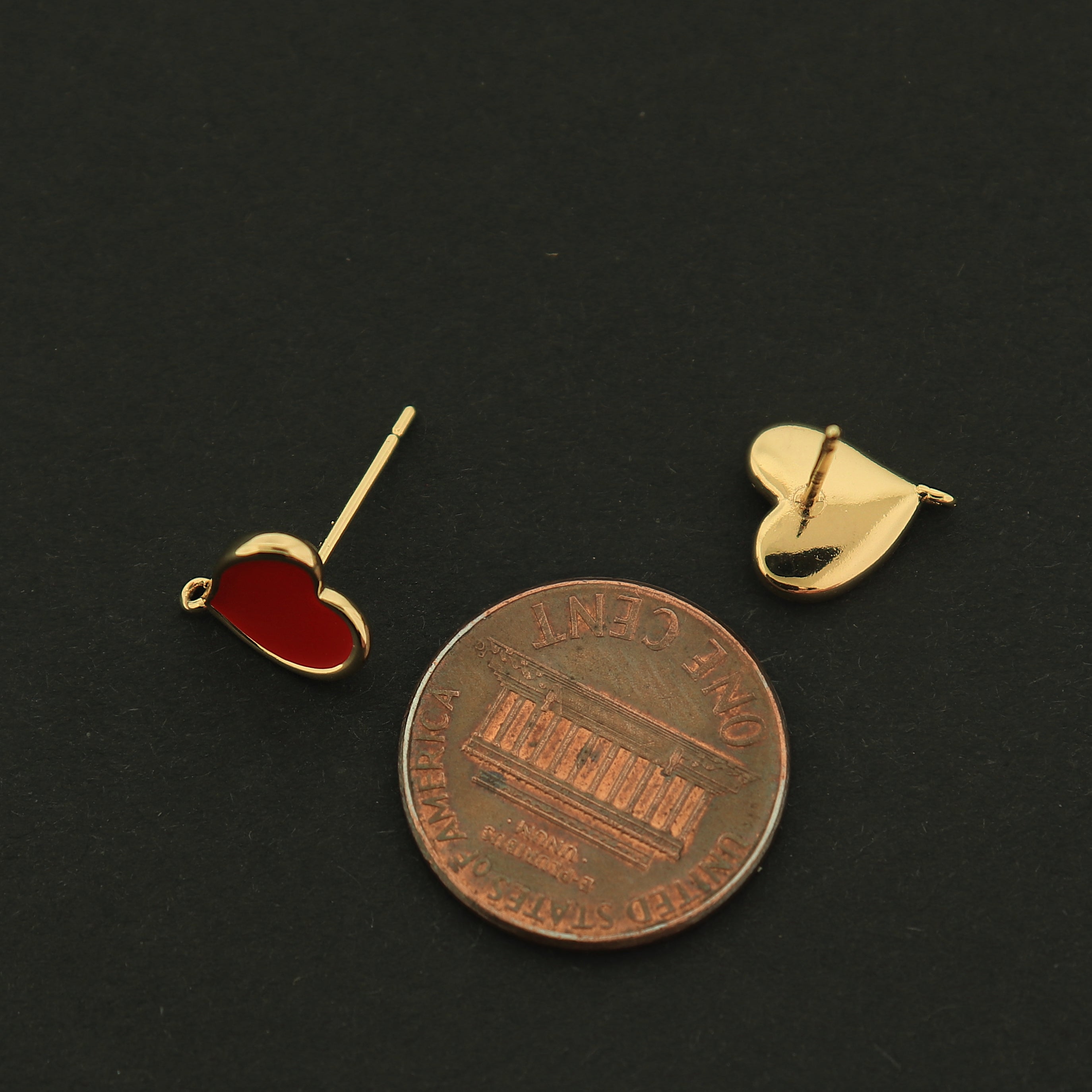 14k Gold Heart Earrings - Red Heart Stud With Loop - 14k Gold Filled - GLD367