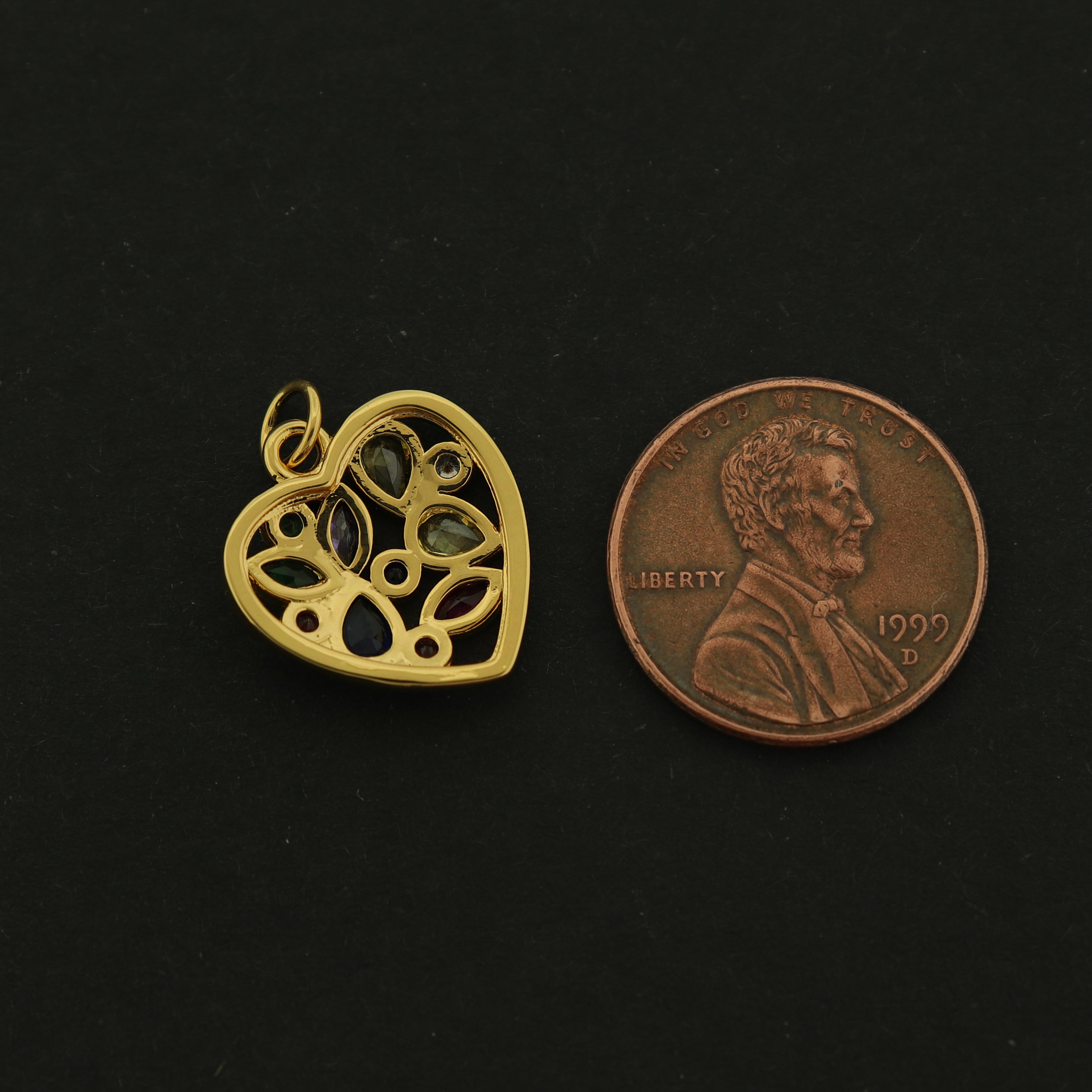 14k Heart Charm - Multicolor Rhinestone Pendant - 14k Gold Plated - GLD638