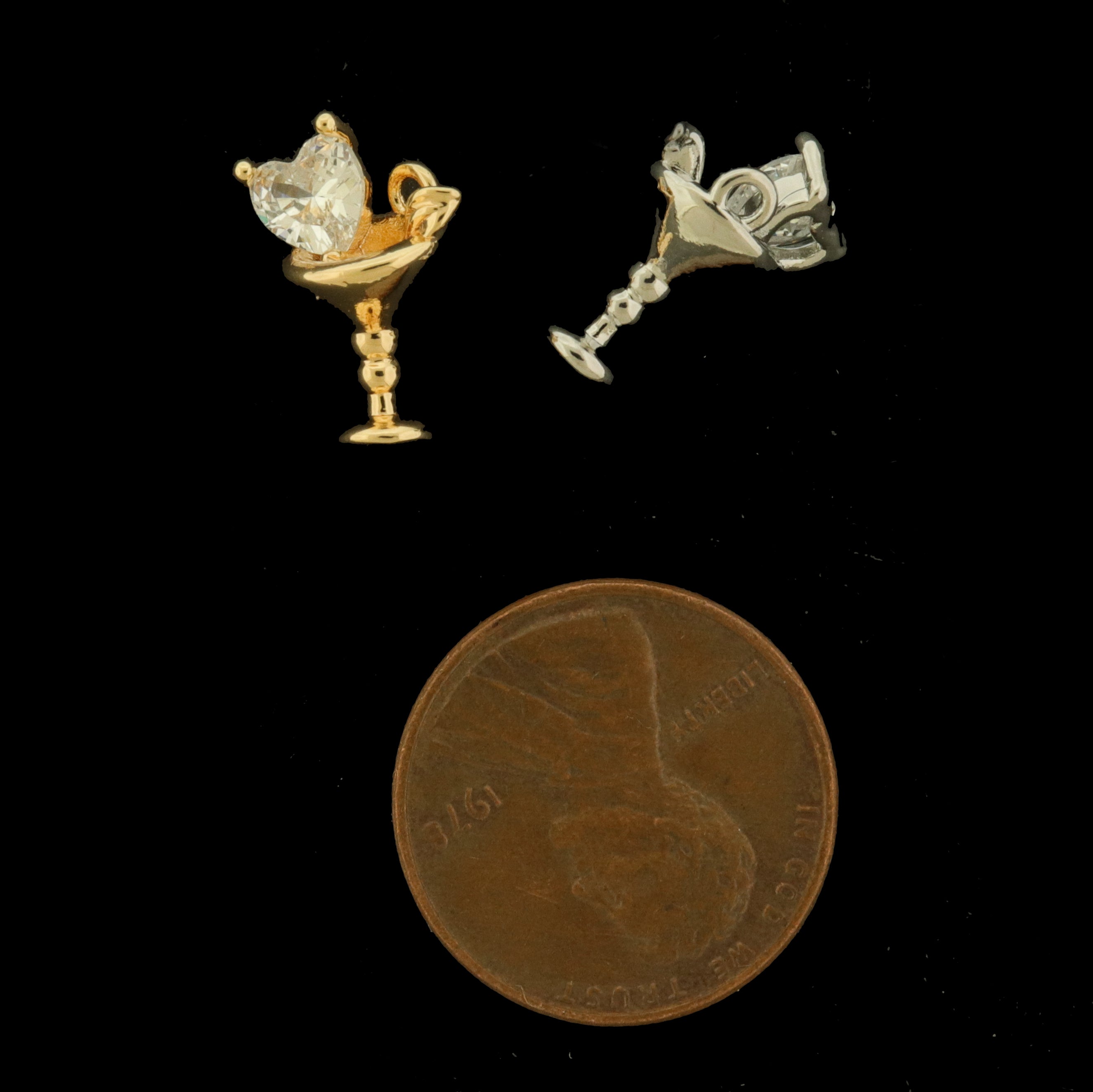 14k Martini Charm with Rhinestone Heart - 3D Food Pendant - Choose Your Tone!