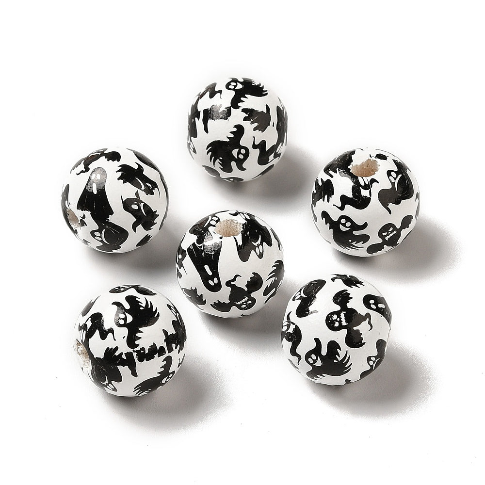15 Round Ghost Halloween Beads - 16mm - White and Black - BD042