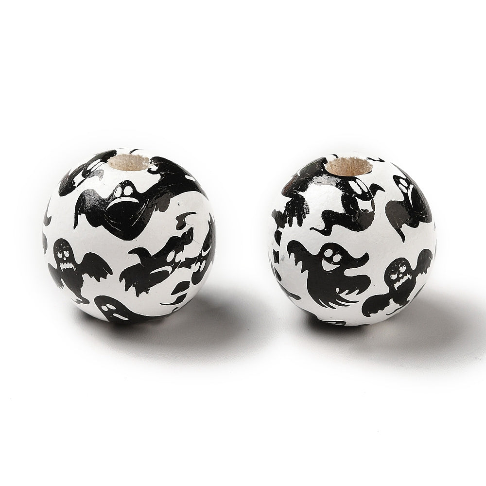 15 Round Ghost Halloween Beads - 16mm - White and Black - BD042