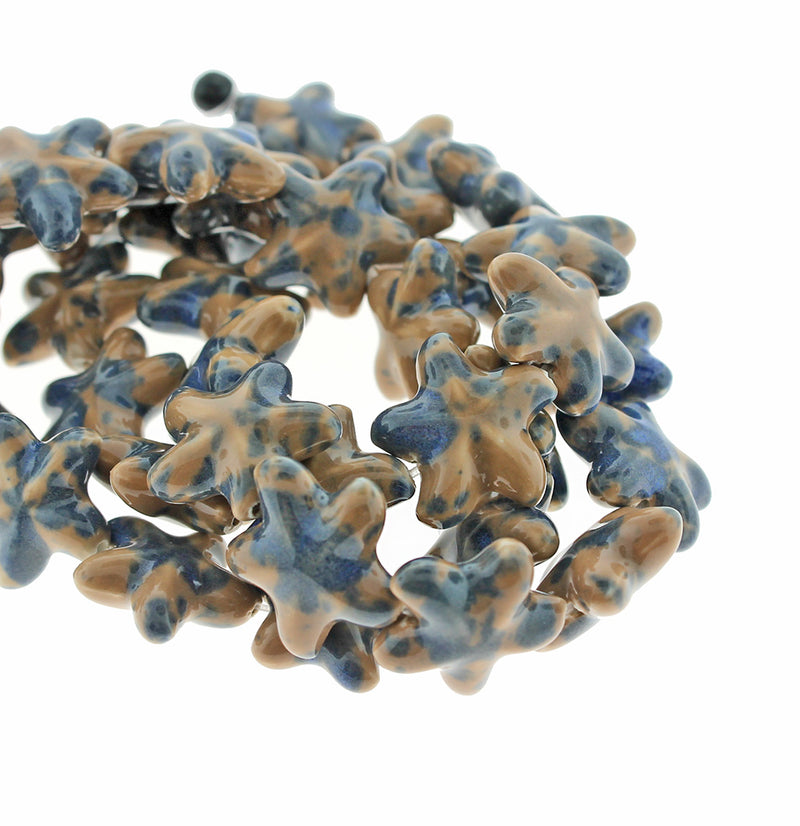 SALE Starfish Ceramic Beads 20mm x 22mm - Marbled Tan and Blue - 10 Beads - LBD1583