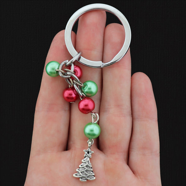 Christmas Pearl Bead Key Chain with Christmas Tree Charm - 100mm - 2 Pieces - XC003