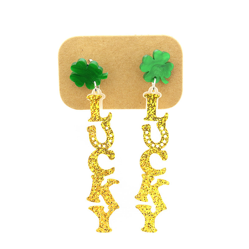 Acrylic St. Patricks Day Lucky Earrings - Silver Tone Stud Style - 2 Pieces 1 Pair - ER269