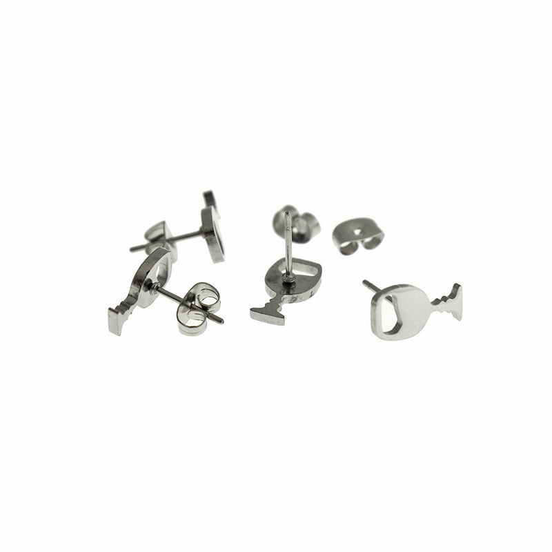 Stainless Steel Earrings - Wine Glass Studs - 12mm x 7mm - 1 Pair - Choose Your Tone!