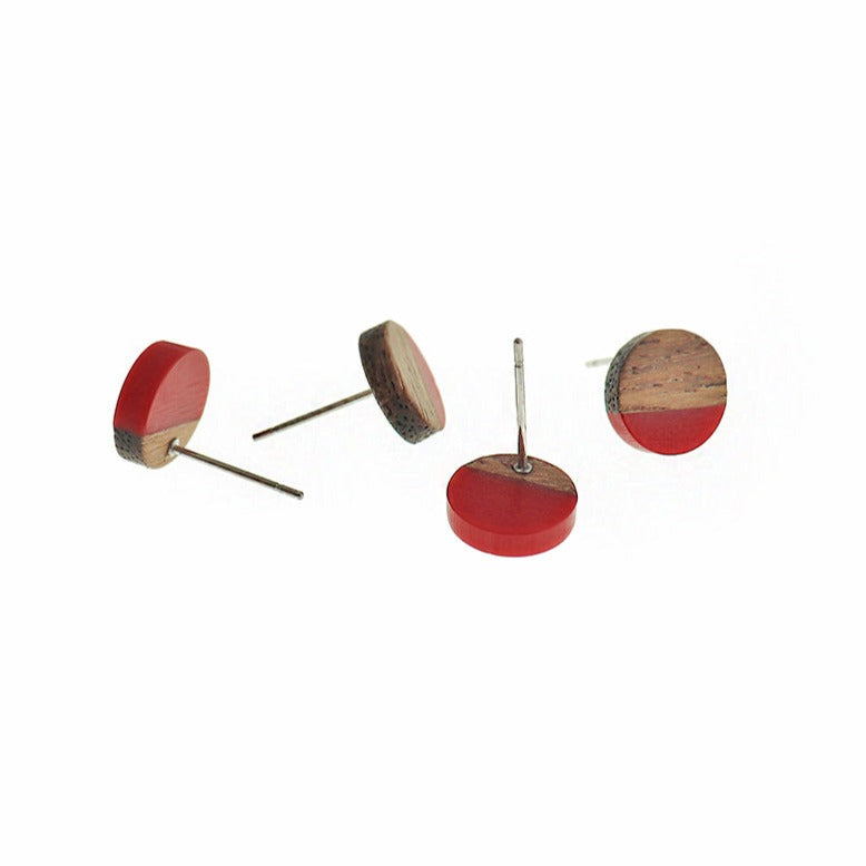 Boucles d'Oreilles Bois Acier Inoxydable - Clous Ronds Résine Rose - 15mm - 2 Pièces 1 Paire - ER109
