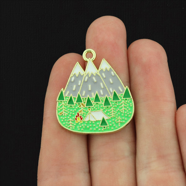 2 Camping Scene Gold Tone Enamel Charms - E433