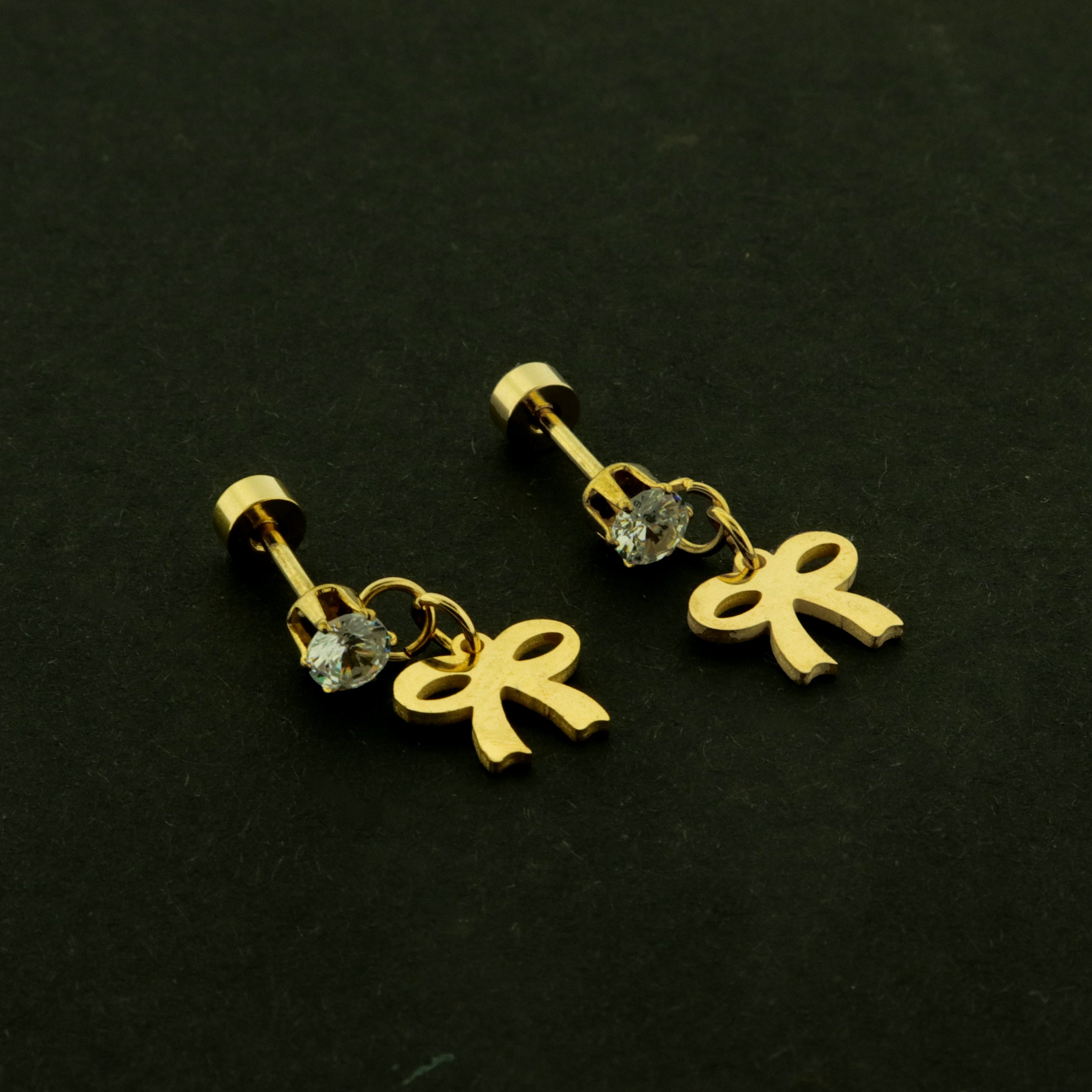 18k Gold Bow Earrings - 18k Gold Plated Stainless Steel with CZ - 1 Pair - ER1060