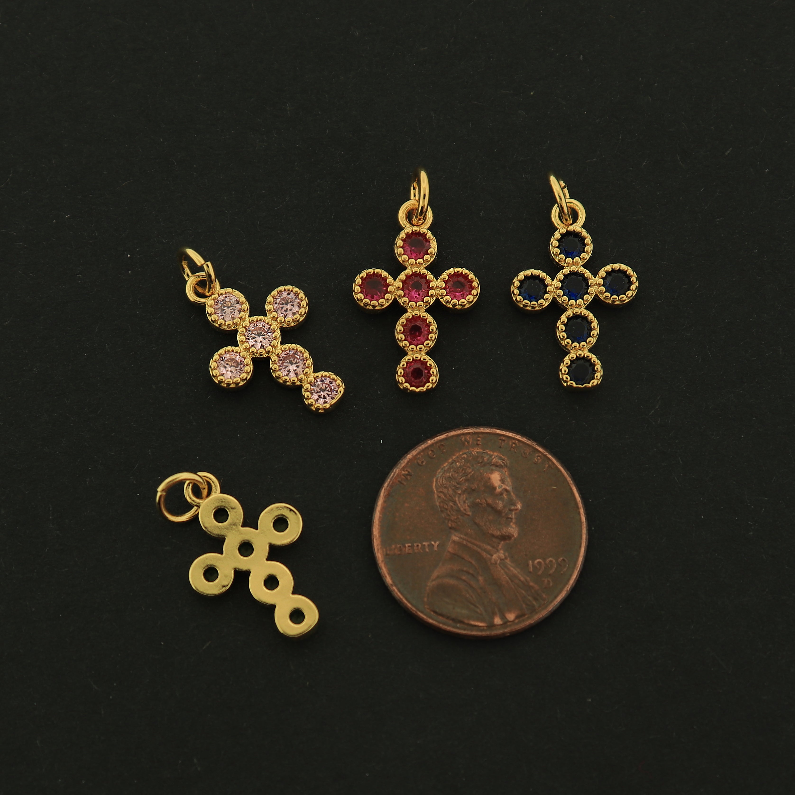 18k Gold Cross Charm - Religious Pendant - Choose Your Stone Color