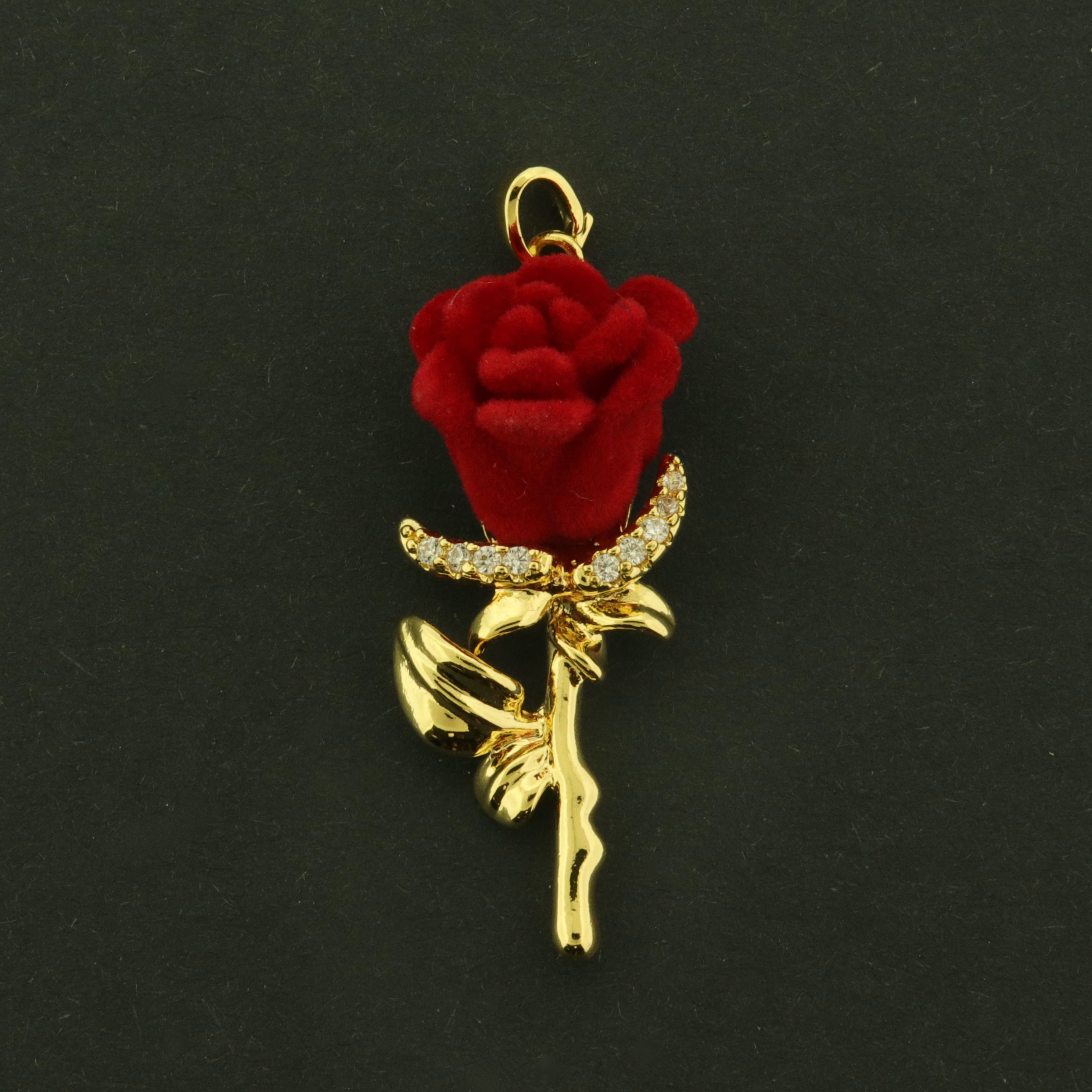 18k Rose Charms - Love Pendant 3D - 18k Gold Plated Brass with CZs - GLD1094