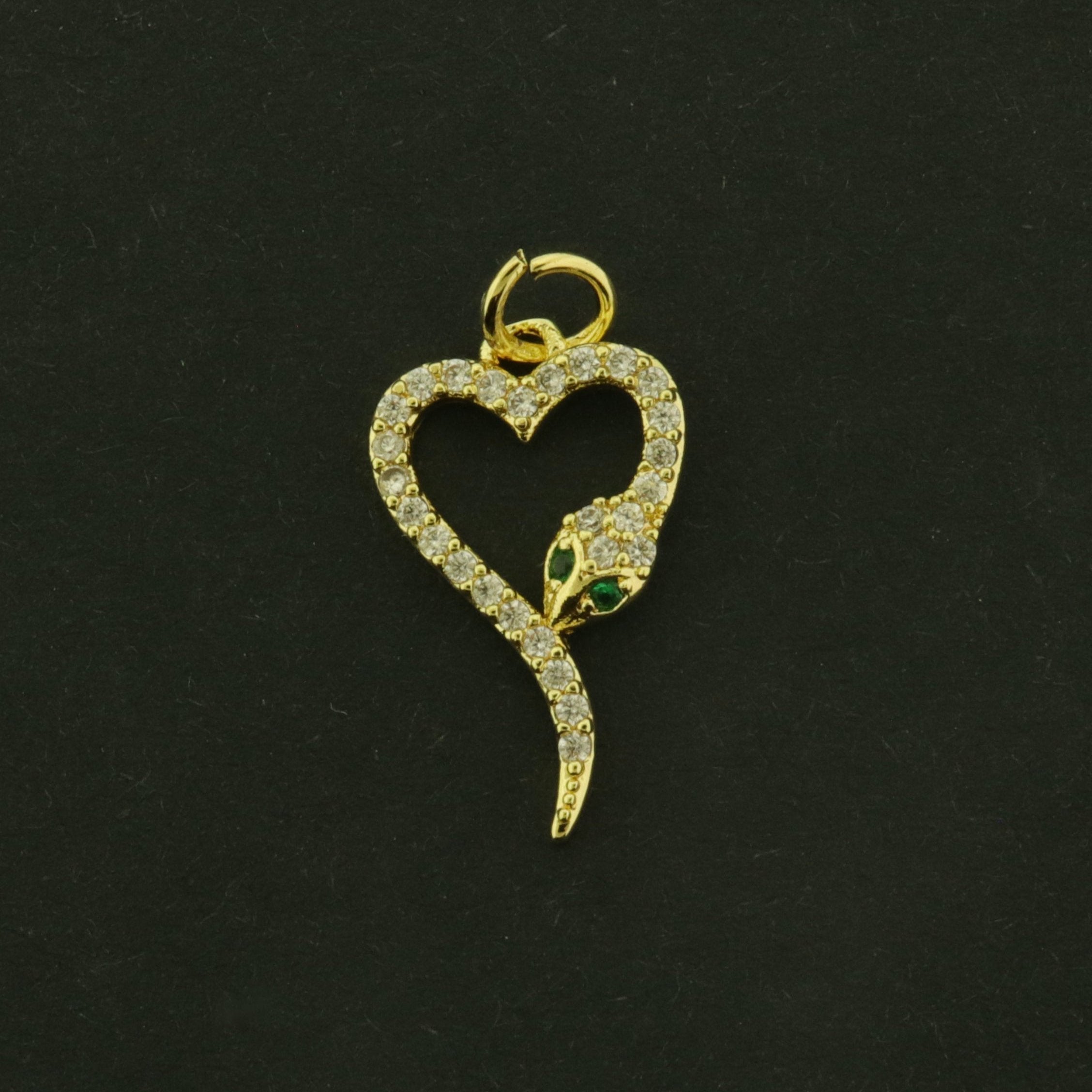 18k Snake Heart Charm - Reptile Pendant - 18k Gold Plated Brass - GLD1084