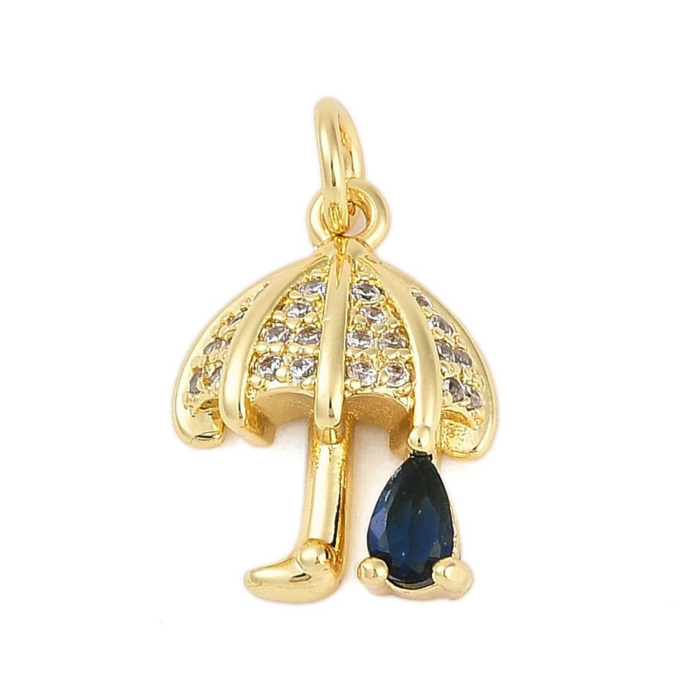 18k Umbrella Charm - Celestial Pendant - 18k Gold Plated Brass with CZs - GLD1134