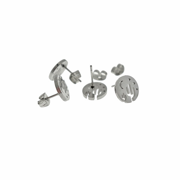 Silver Tone Stainless Steel Earrings - Cactus Studs - 10mm - 2 Pieces 1 Pair - ER989
