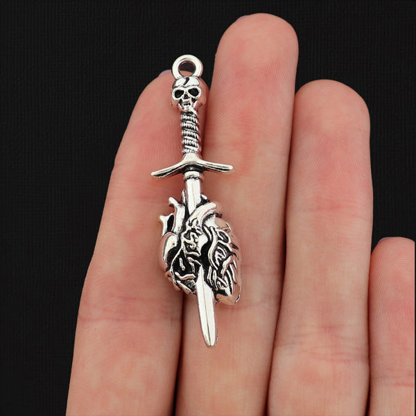 4 Sword with Skull and Anatomical Heart Antique Silver Tone Charms - SC043