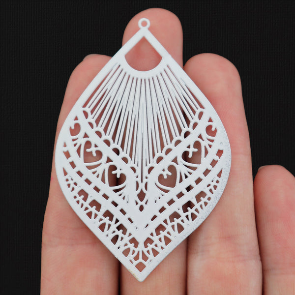 2 Filigree Teardrop White Enamel Charms - E1420