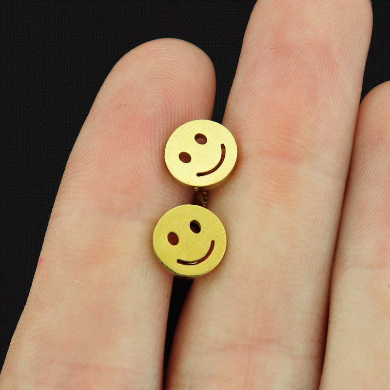 Gold Tone Stainless Steel Earrings - Smiley Face Studs - 8mm - 2 Pieces 1 Pair - ER242