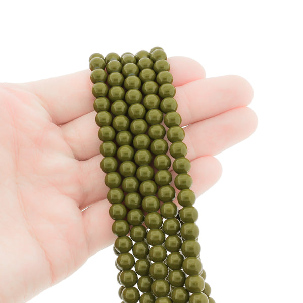Round Glass Beads 6mm - Olive Green - 1 Strand 133 Beads - BD2766