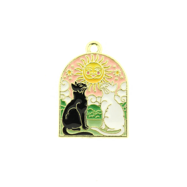 4 Black and White Cats Sun Gold Tone Enamel Charms - E393