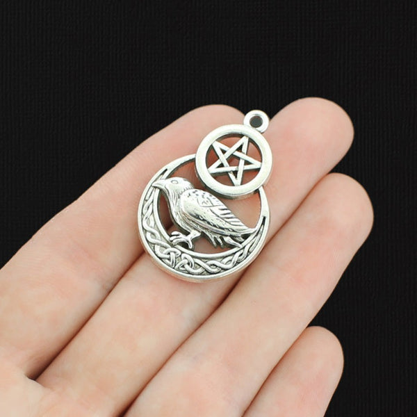 2 Raven Celtic Knot Moon Pentagram Antique Silver Tone Charms - SC1543